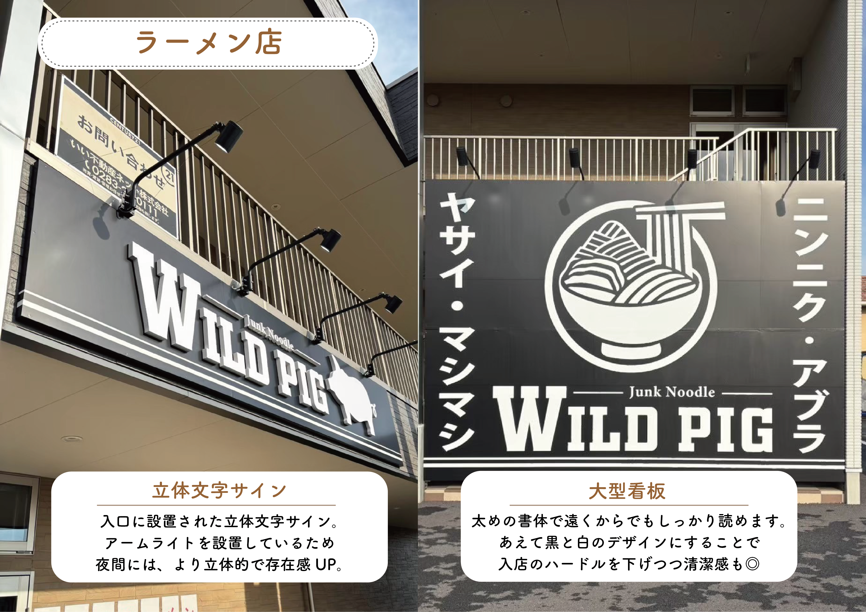 ラーメン店の立体文字サイン と大型看板